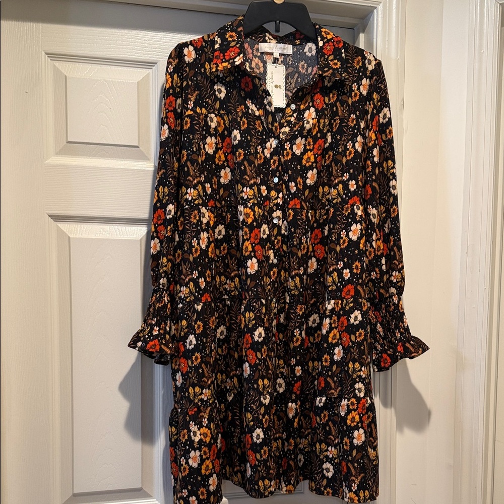 NWT Fairy Black Floral Button Down Dress Coquette Casual Cottagecore Prairie L